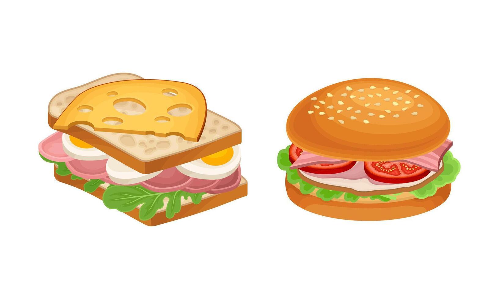 Sandwiches set. Hamburger and wheaten bread with various ingredients illustration vector