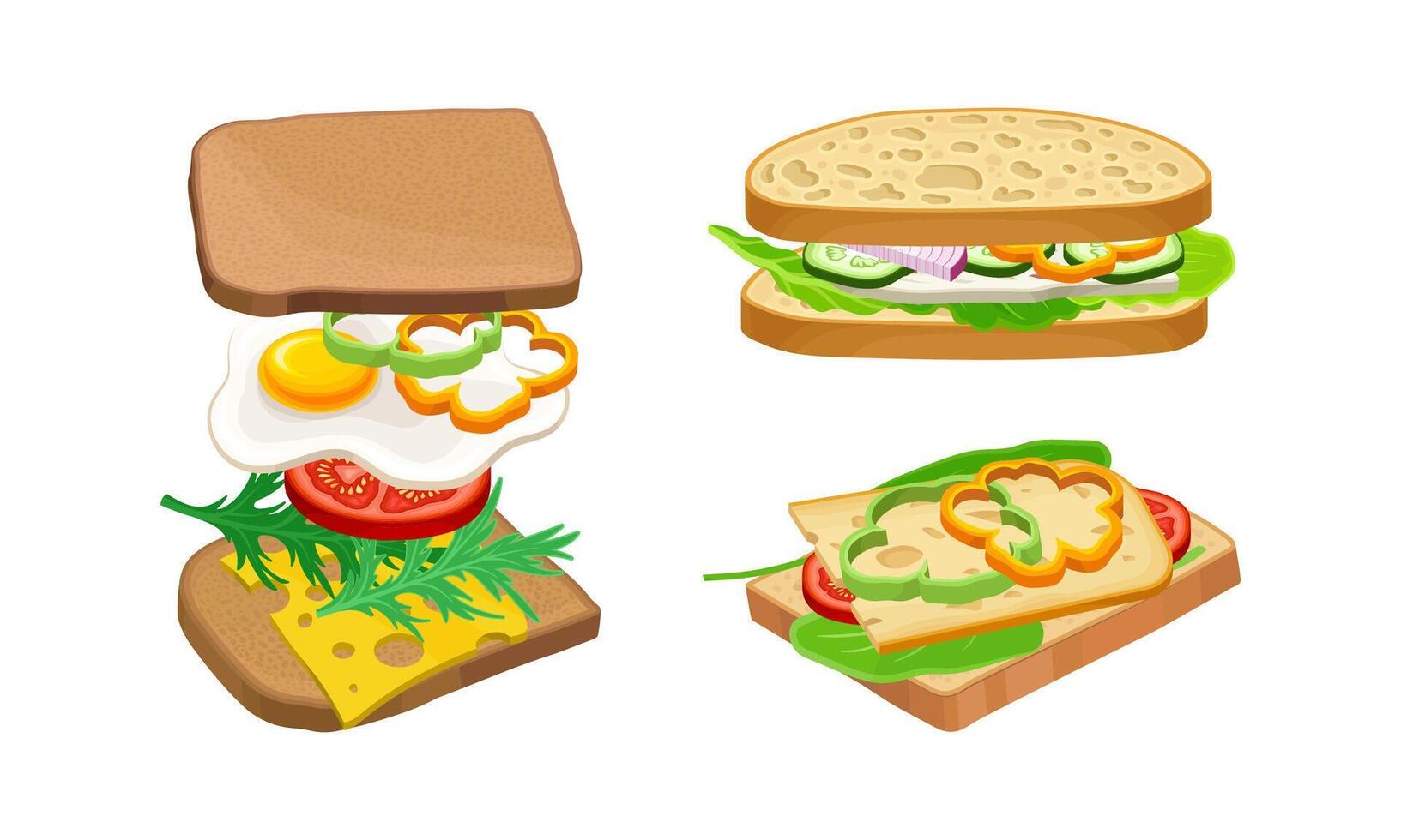 Sandwiches set. Black and wheaten bread with egg, cheese and vegetables illustration vector