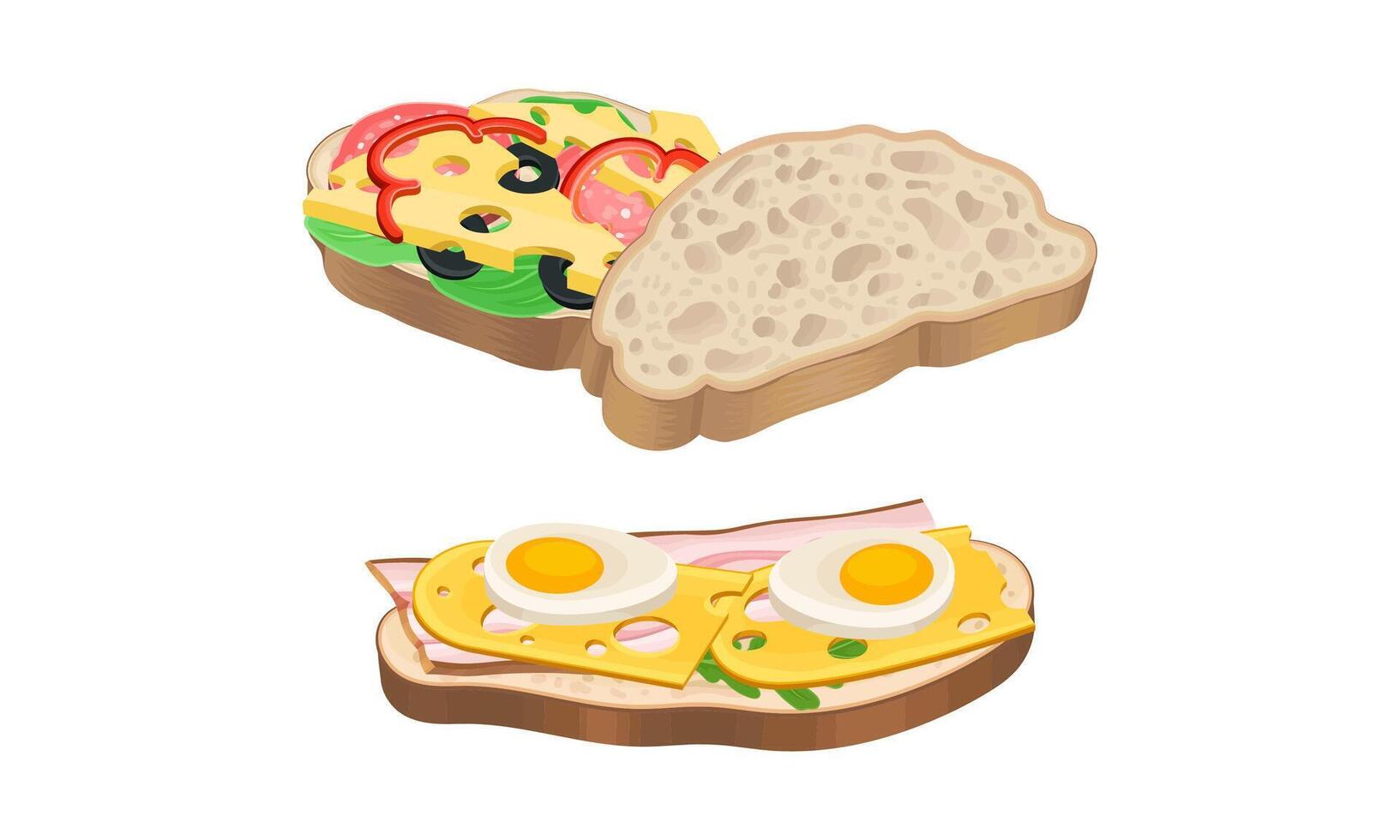 Sandwiches set. Wheaten bread with cheese, bacon, egg and vegetables illustration vector