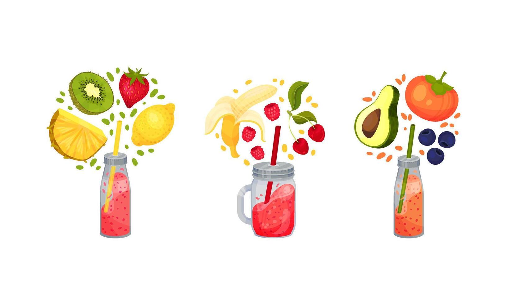 Fruit smoothies set. Persimmon, banana, kiwi, strawberry, pineapple, avocado, lemon falling into glass bottle. Detox drink, healthy eating concept illustration vector