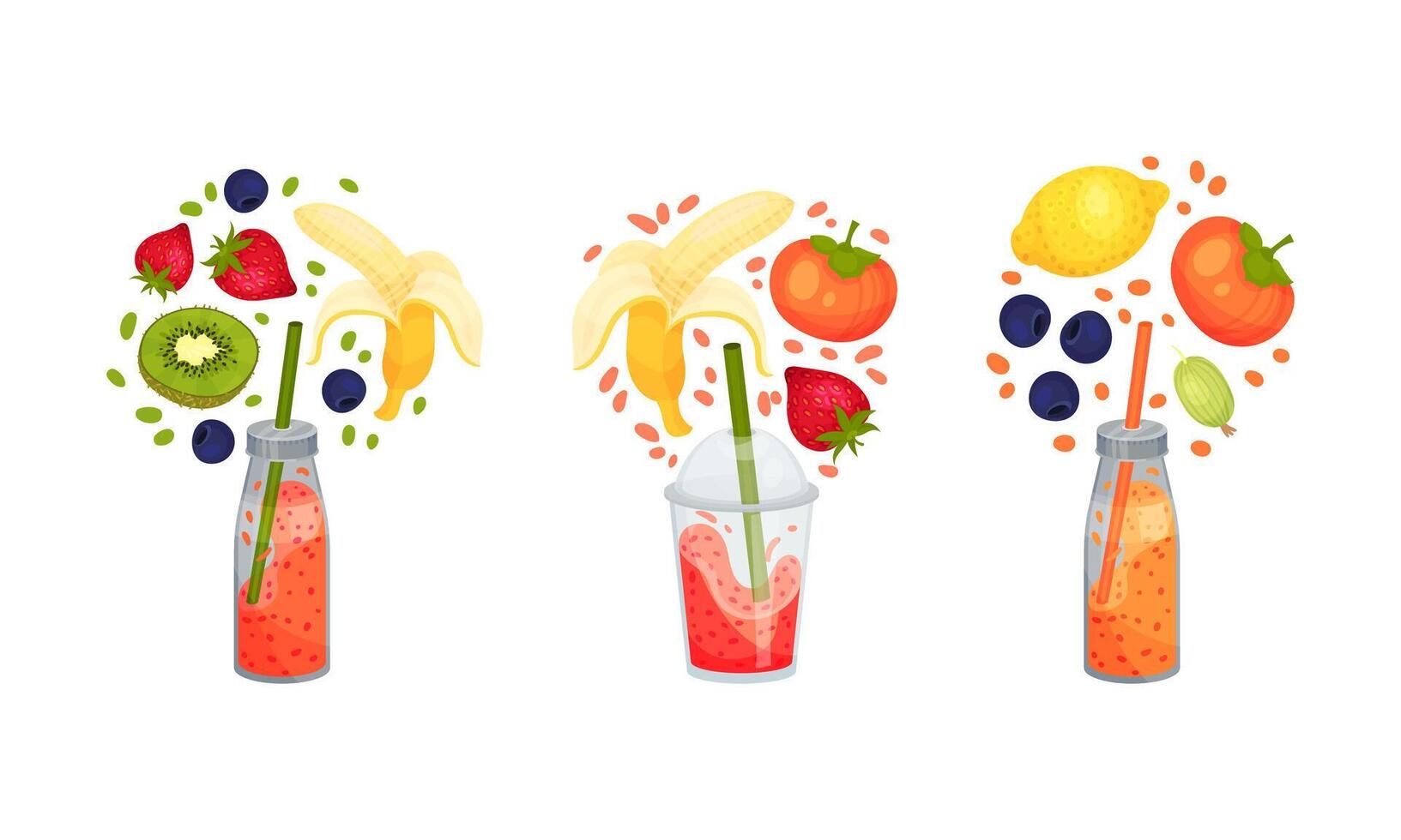 Fruit smoothies set. Persimmon, banana, kiwi, strawberry, blueberry, lemon falling into glass bottle. Detox drink, healthy eating concept illustration vector