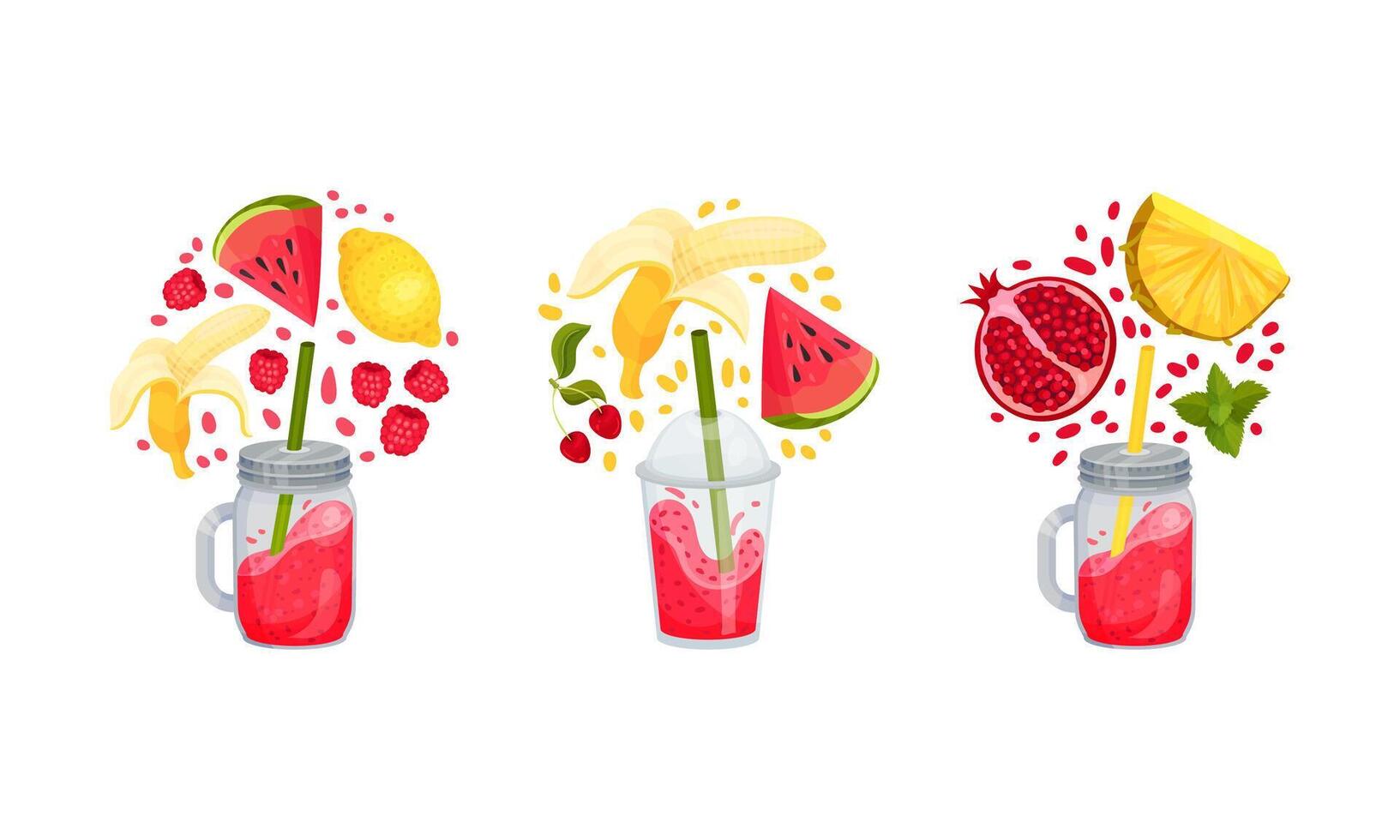 Fruit smoothies set. Watermelon, lemon, banana, pomegranate, pineapple, mint falling into glass bottle. Detox drink, healthy eating concept illustration vector