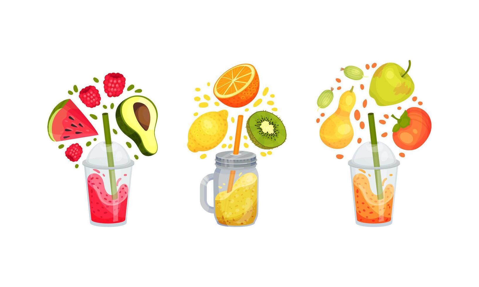 Fruit smoothies set. Watermelon, lemon, avocado, lemon, orange, persimmon falling into glass bottle. Detox drink, healthy eating concept illustration vector