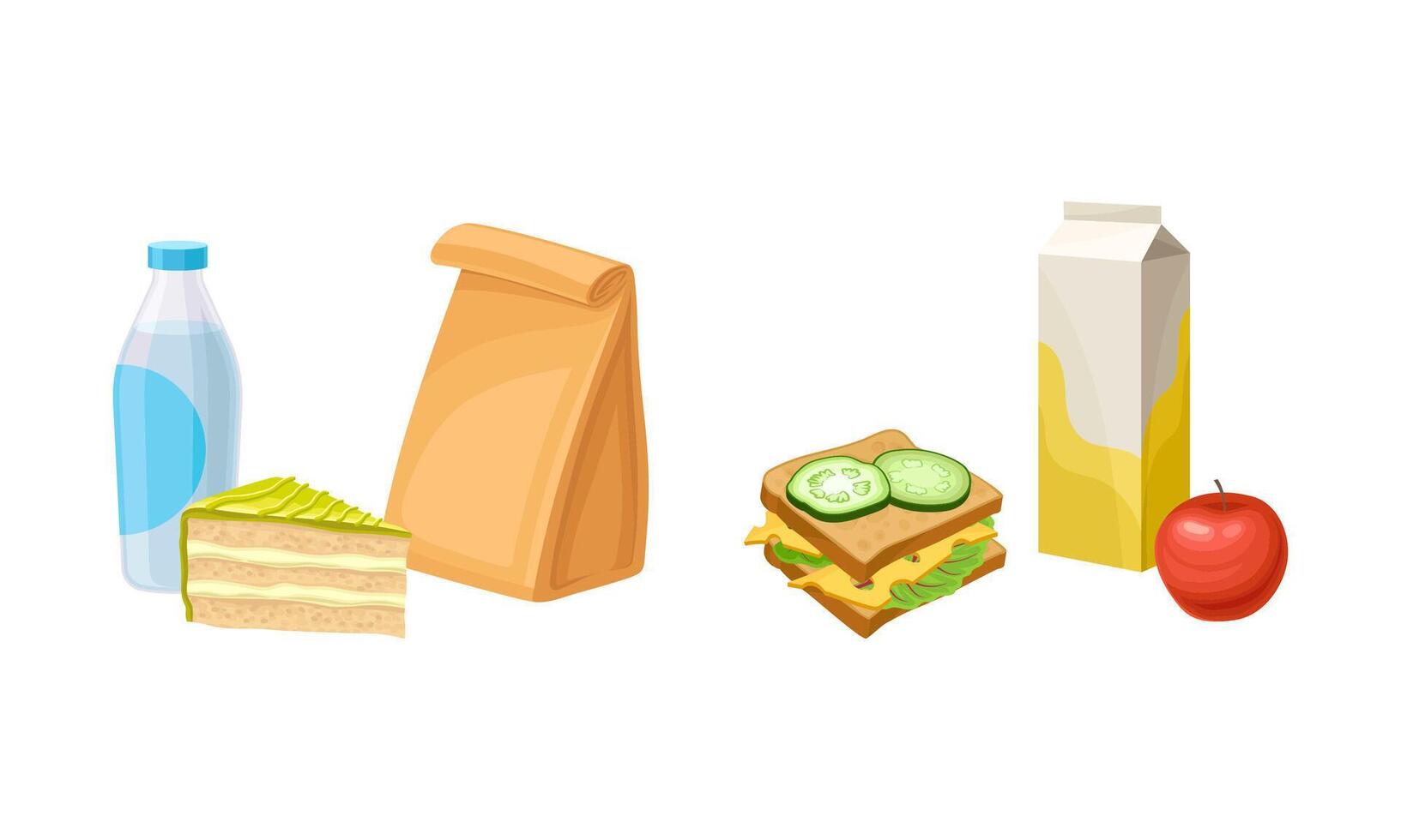 Takeaway food set. Cake, sandwich and drinks, pupils snack meal illustration vector