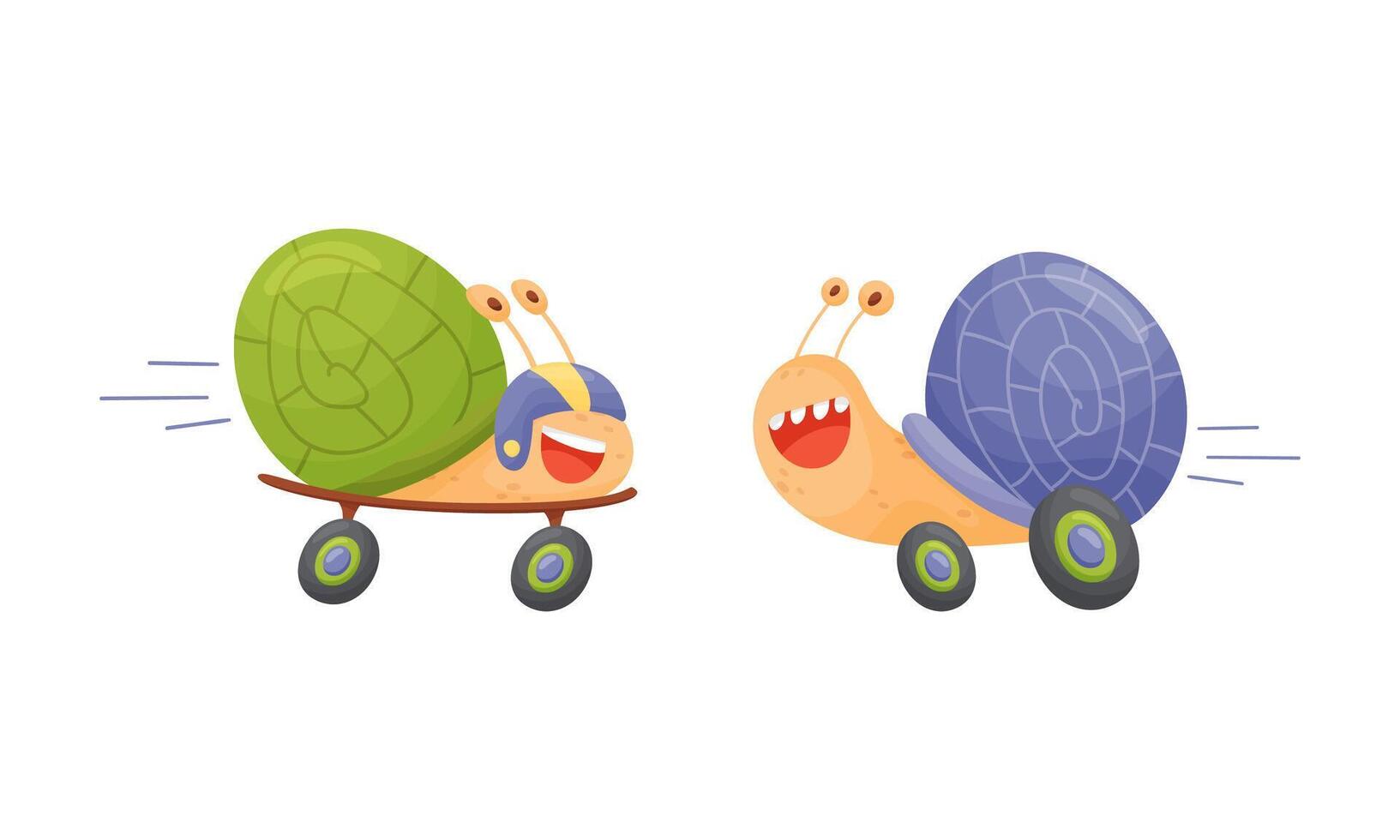 Funny fast snails set. Mollusk characters riding in wheels illustration vector