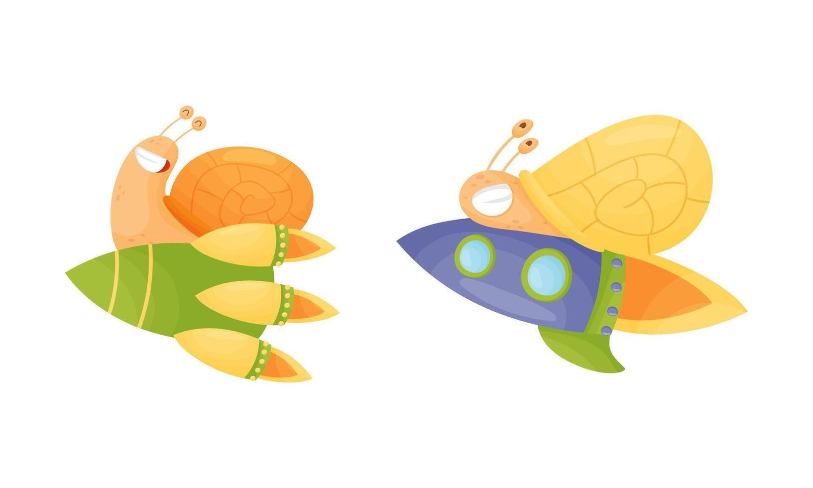 Funny fast snails set. Mollusk characters flying on rockets illustration vector