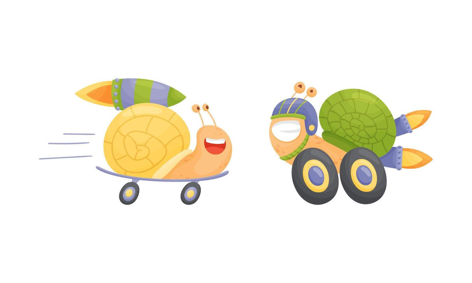 Funny fast snails set. Happy mollusk characters riding on wheels and skateboard illustration vector
