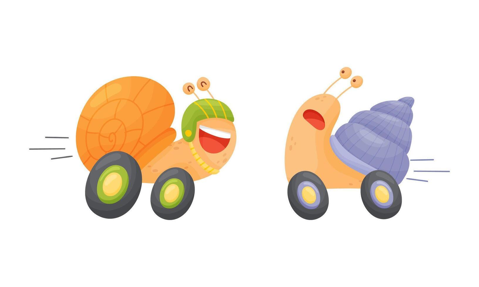 Funny fast snails set. Happy mollusk characters riding on wheels illustration vector