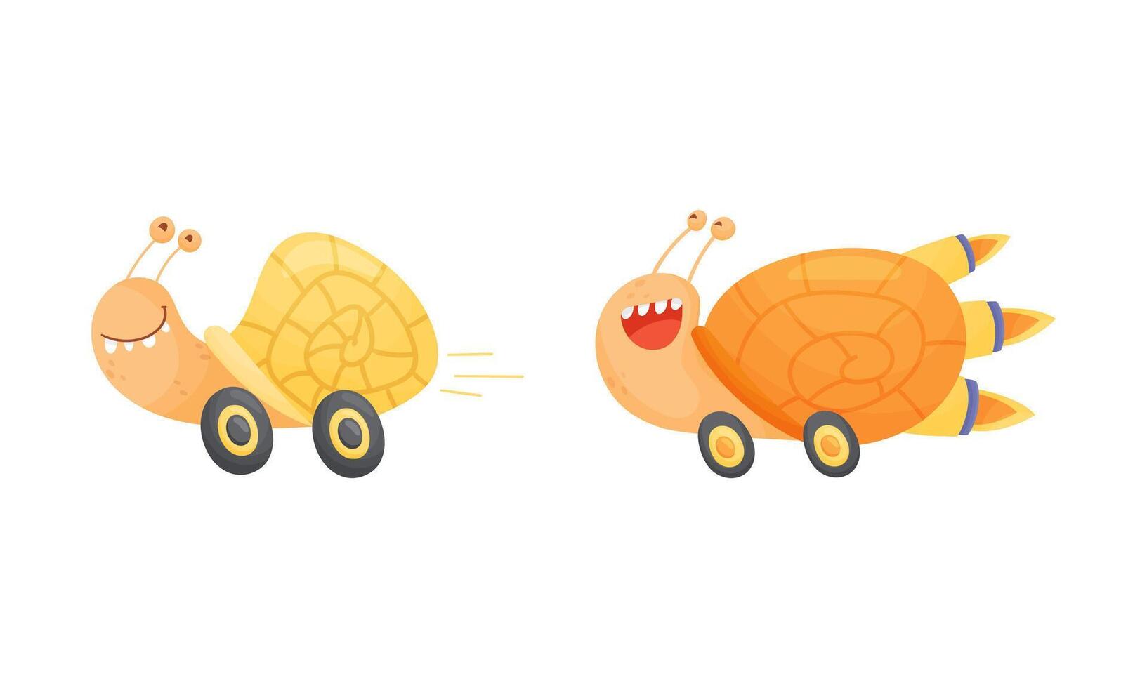 Fast snails set. Funny happy smiling mollusk characters riding on wheels illustration vector