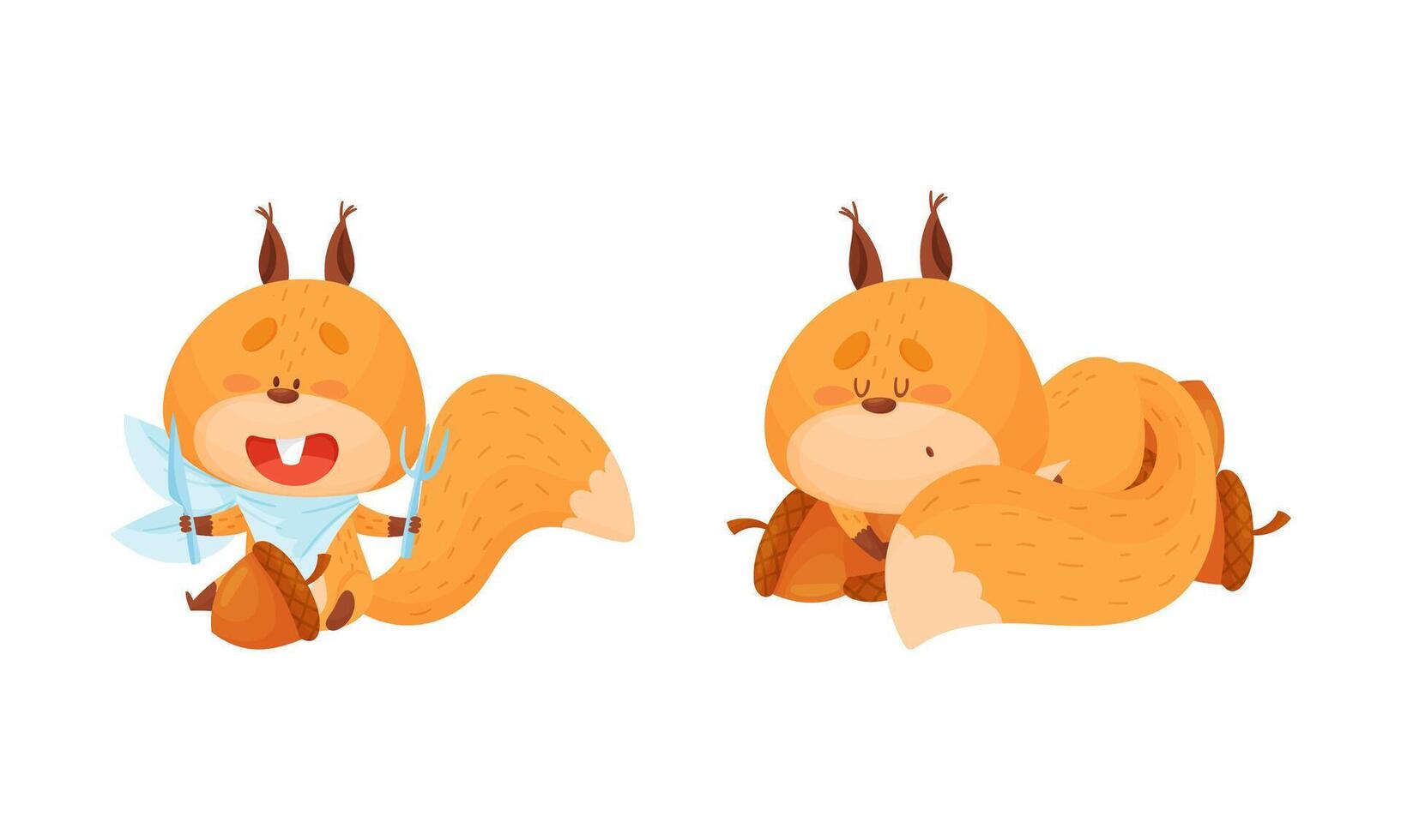 Cute squirrel various activities set. Lovely forest animal character eating with fork and knife and sleeping illustration vector