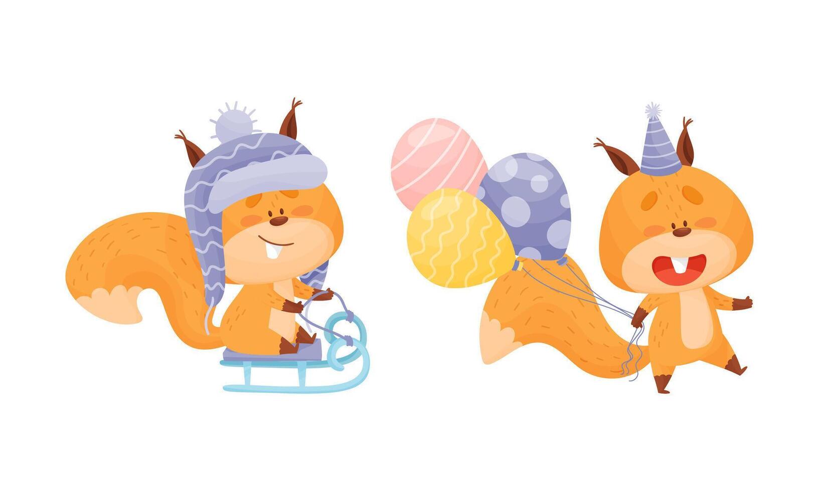 Cute squirrel various activities set. Funny forest animal characters enjoying sleigh ride and celebrating birthday illustration vector