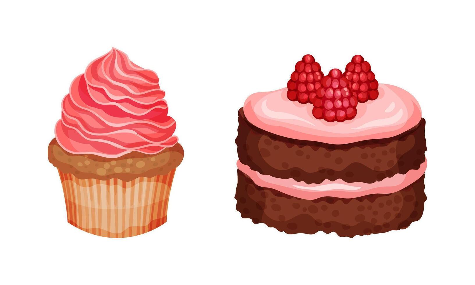 Delicious desserts set. Sweet cupcake and piece of cake illustration vector