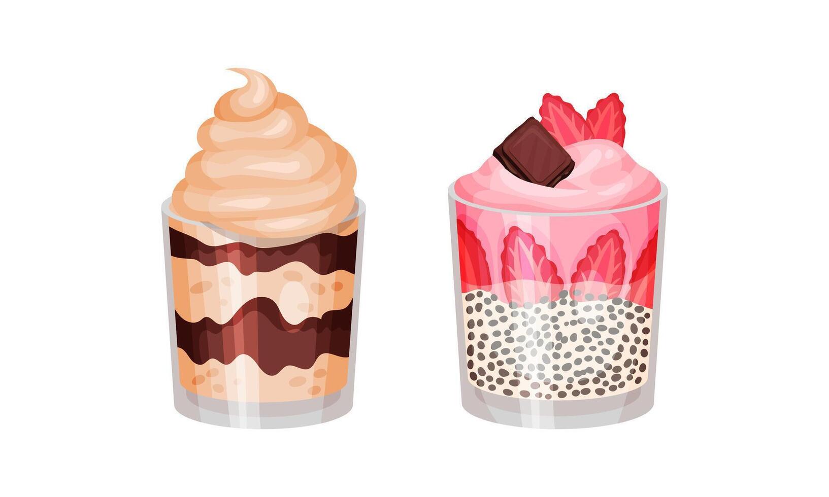 Delicious sweet layered desserts in glass set illustration on white background vector