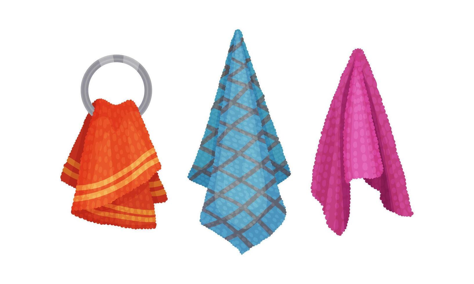 Bath towels set. Orange, blue and red soft textile cloth for wiping hanging on hooks illustration vector
