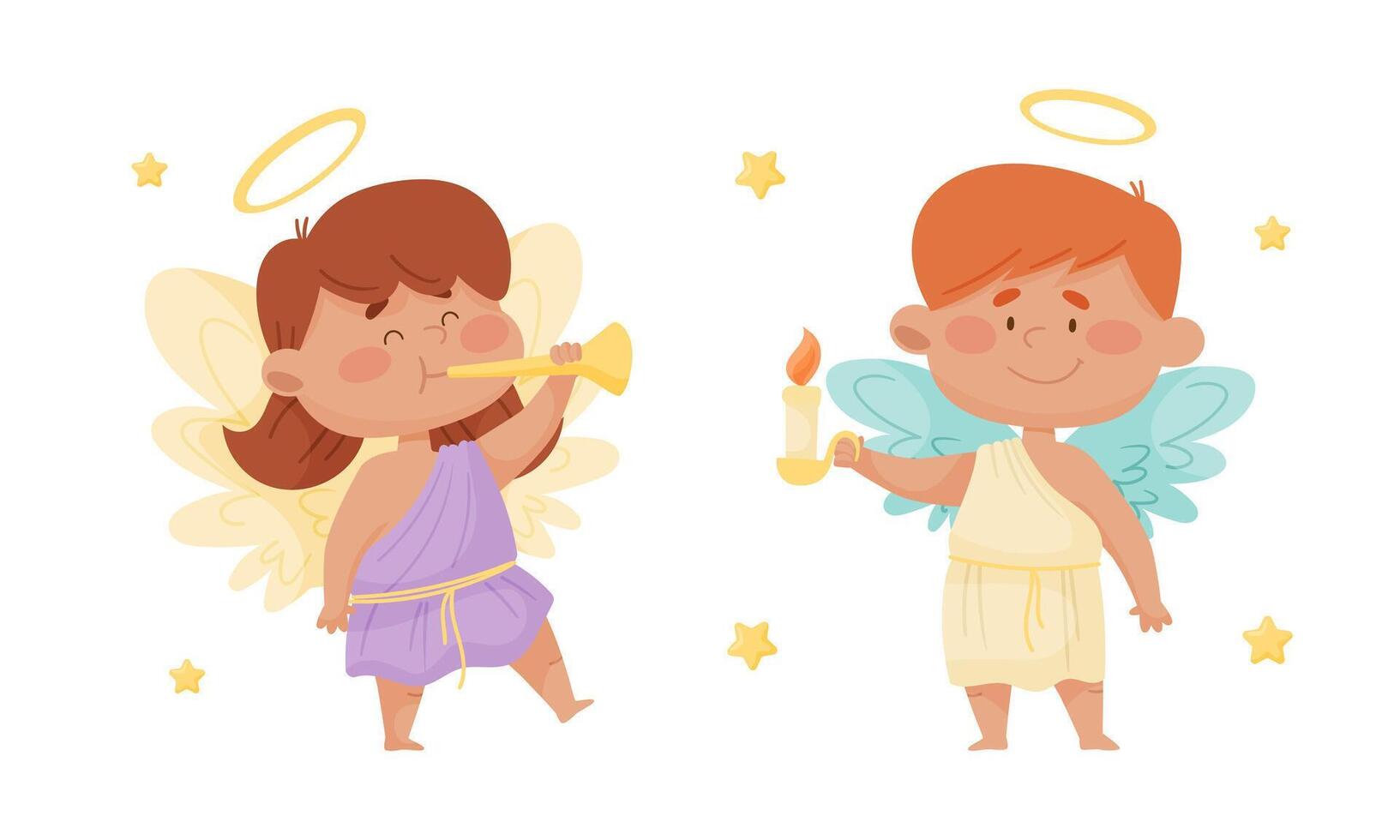 Cute baby angels with nimbus and wings. Lovely angelic little children playing trumpet and holding candlestick with candle illustration vector