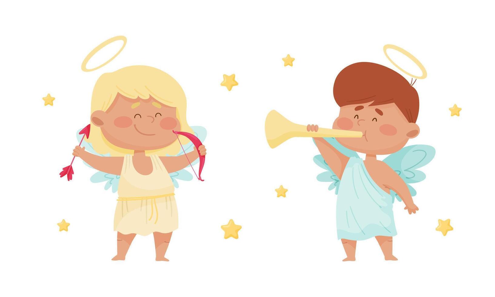 Cute baby angels with nimbus and wings. Lovely angelic little children with trumpet and bow illustration vector