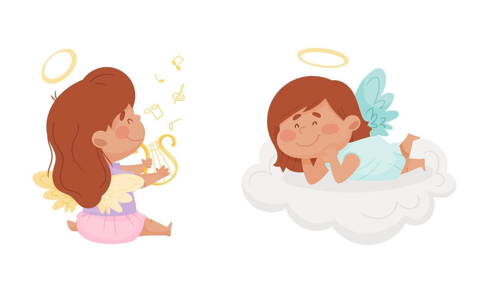 Cute baby angels with nimbus and wings. Lovely angelic little girl playing harp and lying in cloud illustration vector