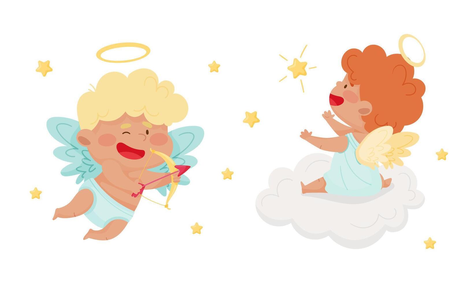 Cute baby angels with nimbus and wings. Lovely angelic little children playing in the sky illustration vector
