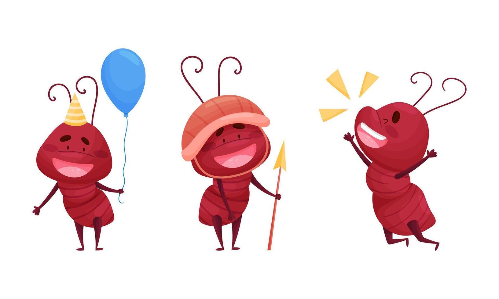 Ant doing various actions set. Funny insects cartoon characters celebrating birthday, having fun. Ant soldier is on guard illustration vector