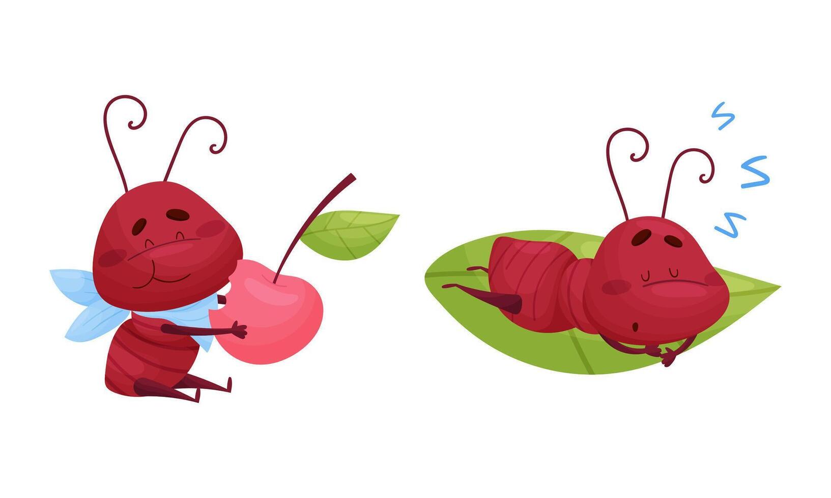 Ant doing various actions set. Funny insects cartoon characters eating and sleeping illustration vector