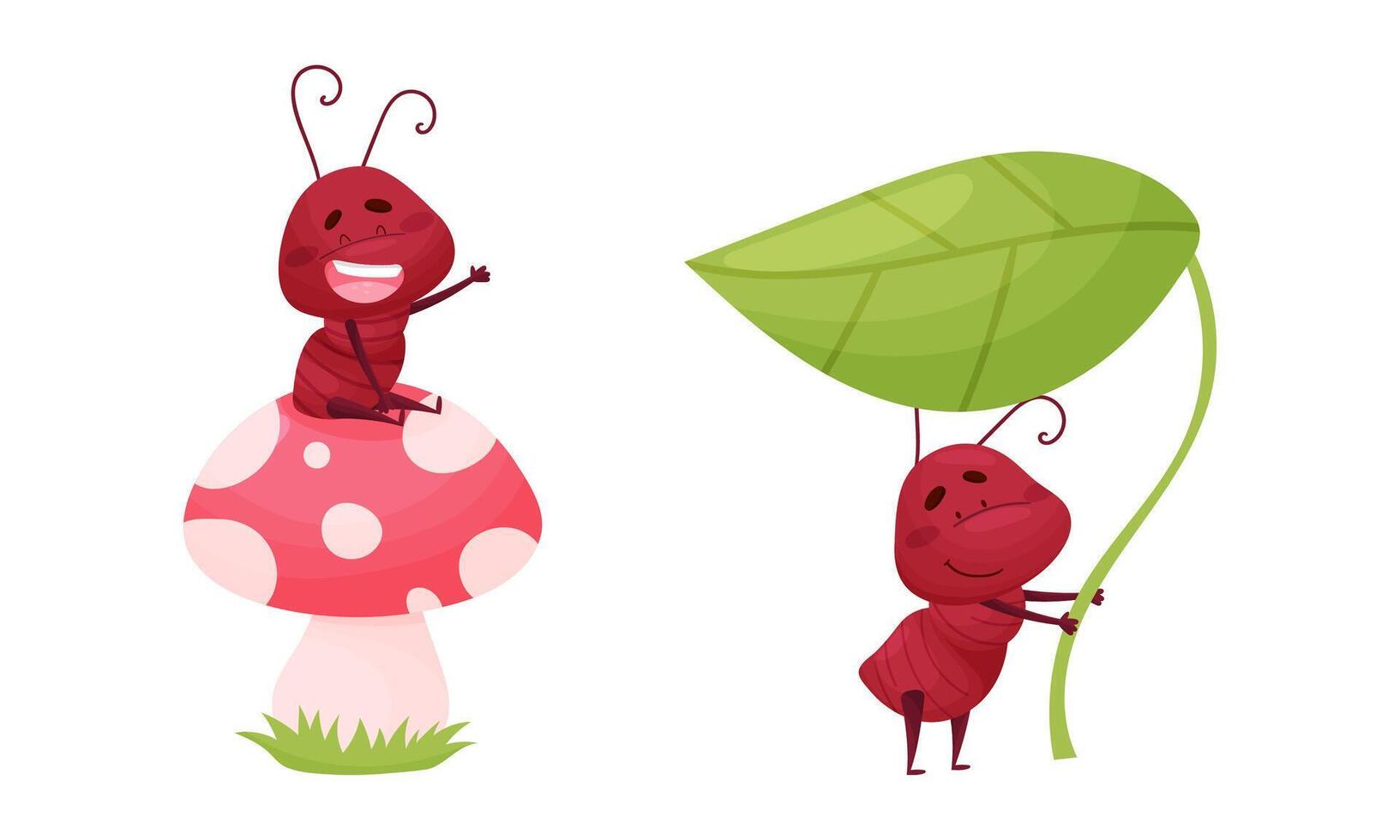 Ant doing various actions set. Happy funny insects cartoon characters illustration vector