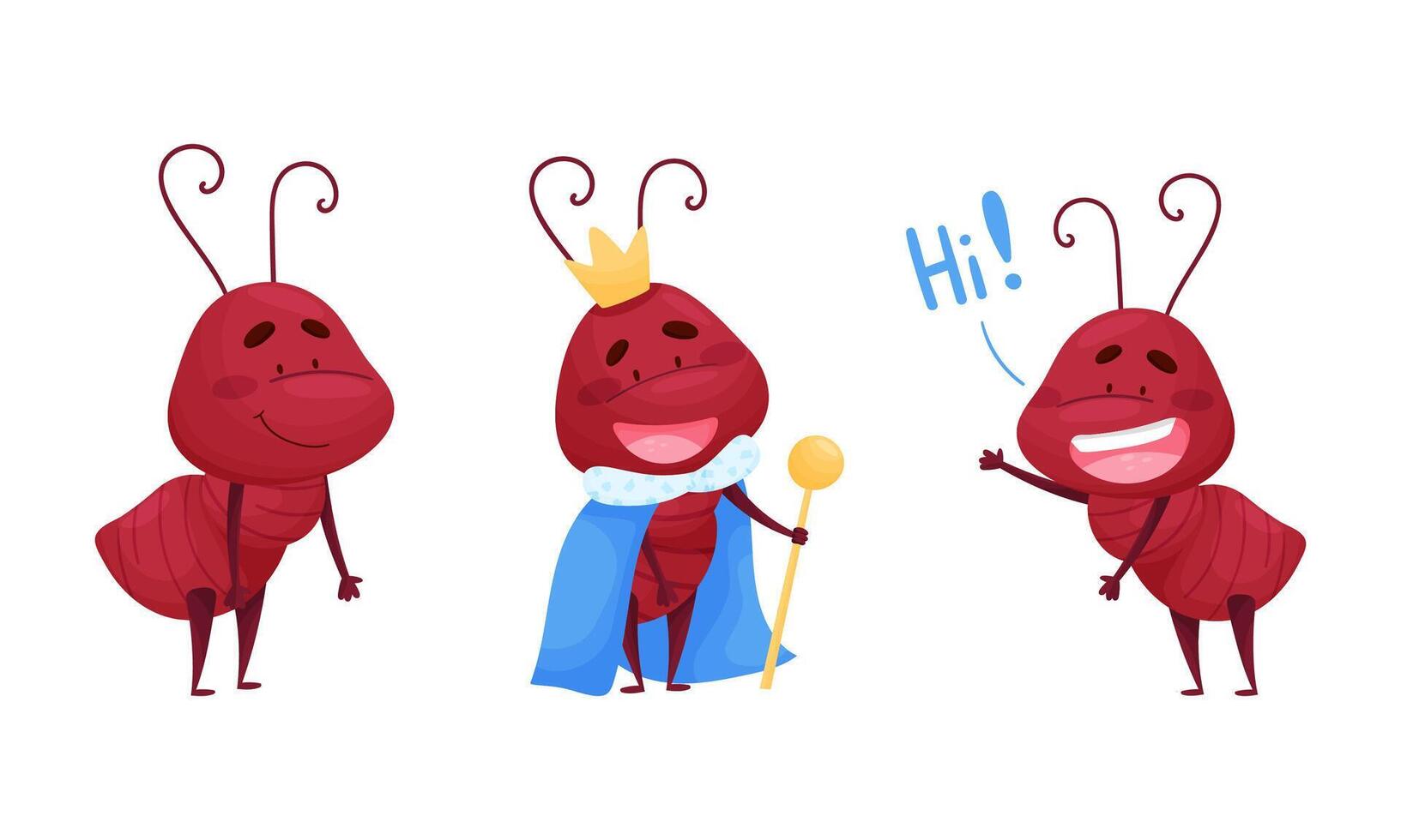 Ant doing various actions set. Happy funny smiling insects cartoon characters illustration vector