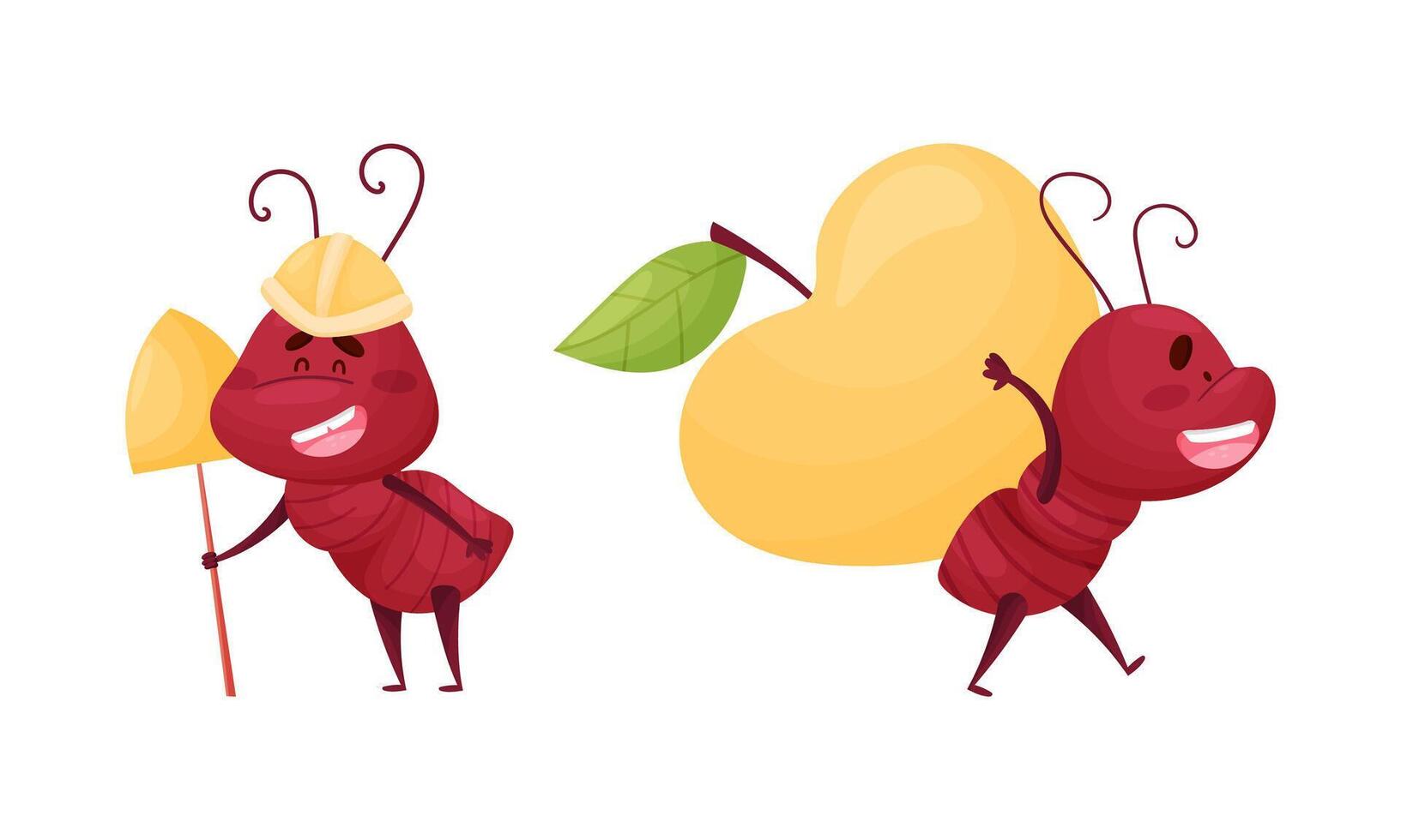 Ant doing various actions set. Funny insects workers cartoon characters illustration vector