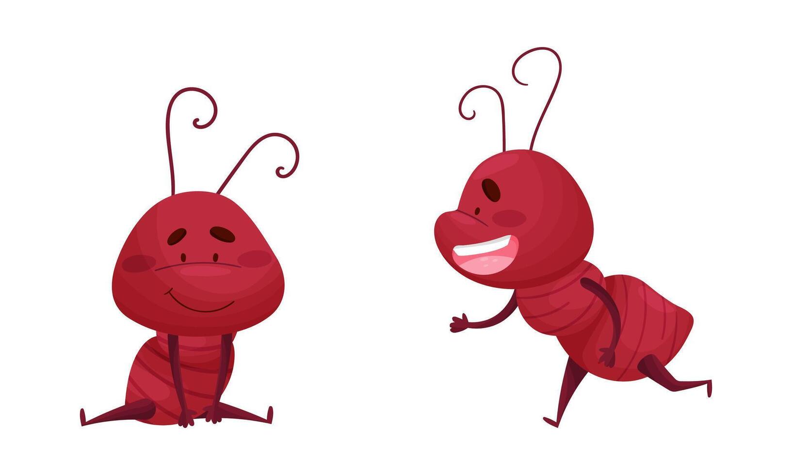 Ant doing various actions set. Happy insects cartoon characters activity illustration vector