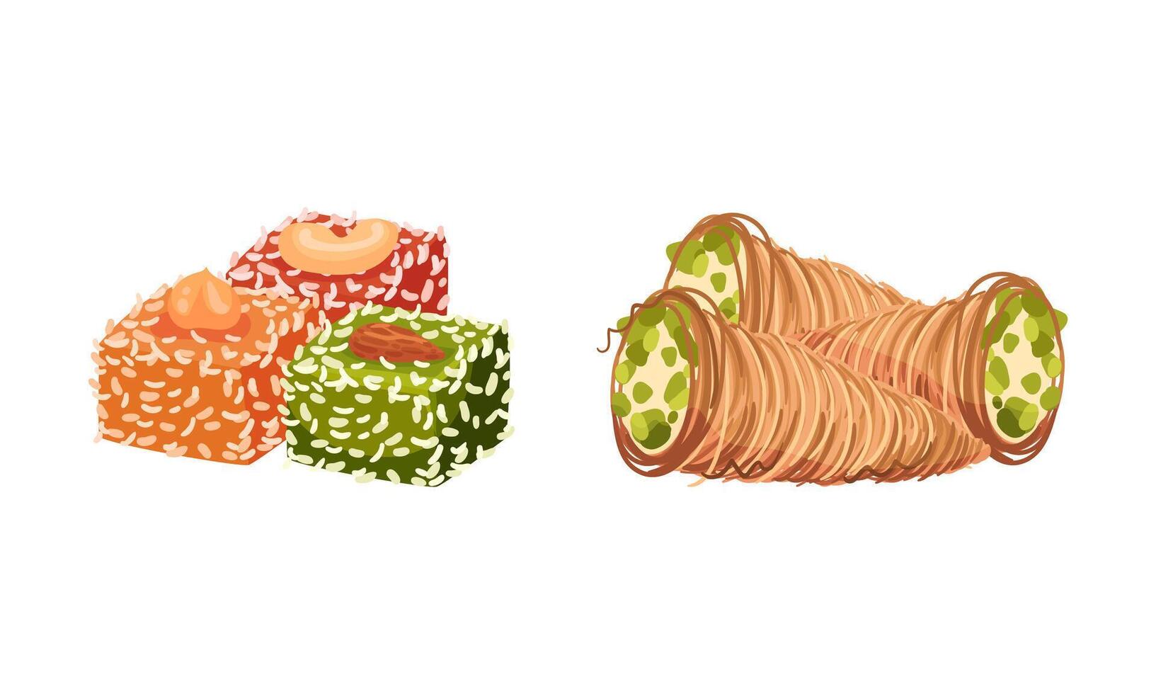 Middle east desserts set. Traditional oriental cuisine sweet tasty dishes illustration vector