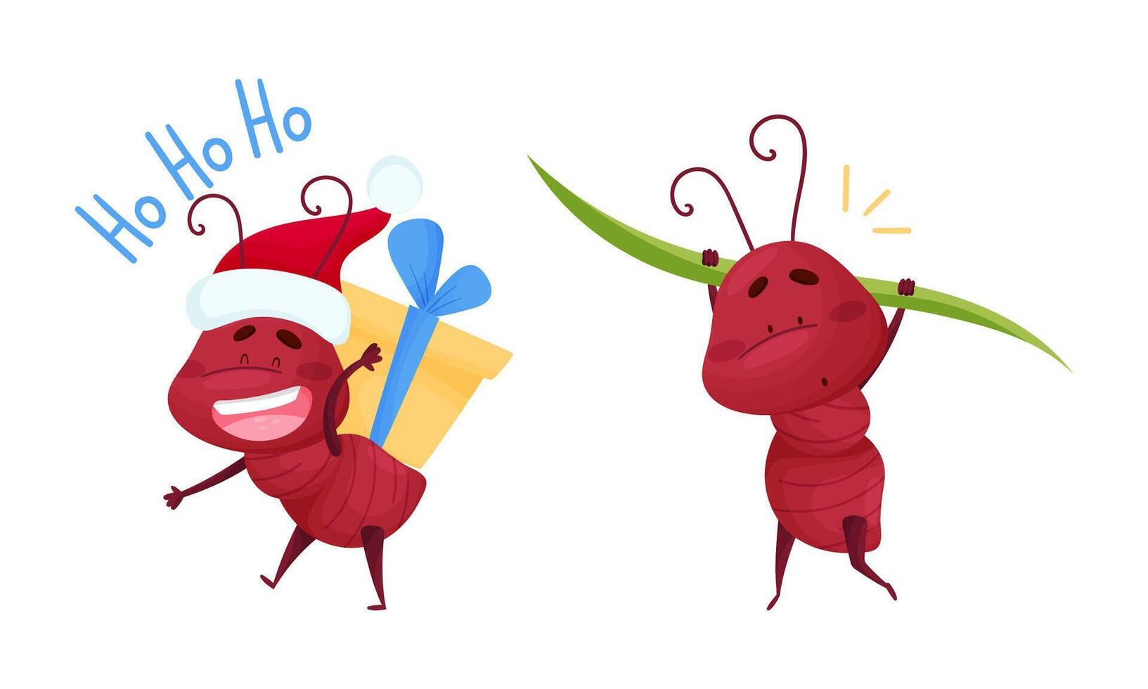 Ant doing various actions set. Funny insects cartoon characters. Ant in Santa Claus hat carrying gift box illustration vector