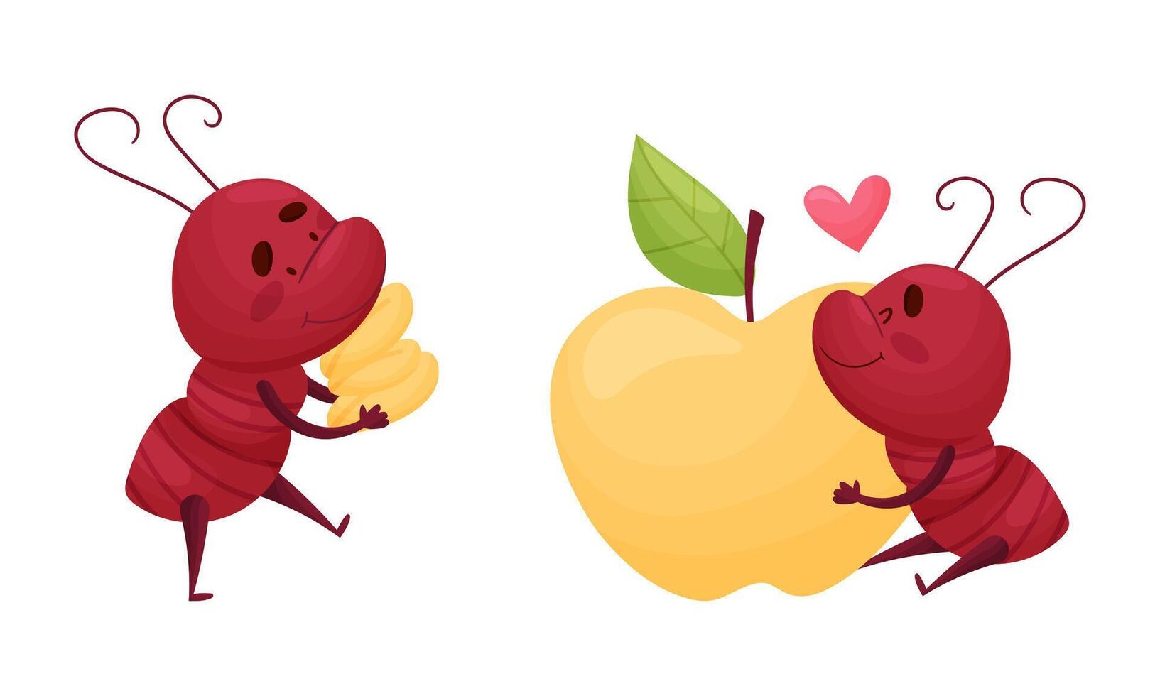 Ant doing various actions set. Funny insects cartoon characters with food illustration vector