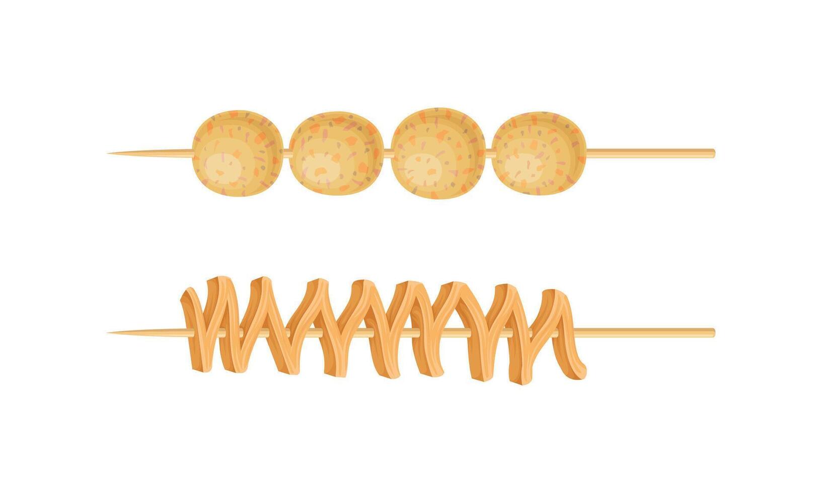 Skewered street food set. Asian hot spicy snacks on skewers illustration vector