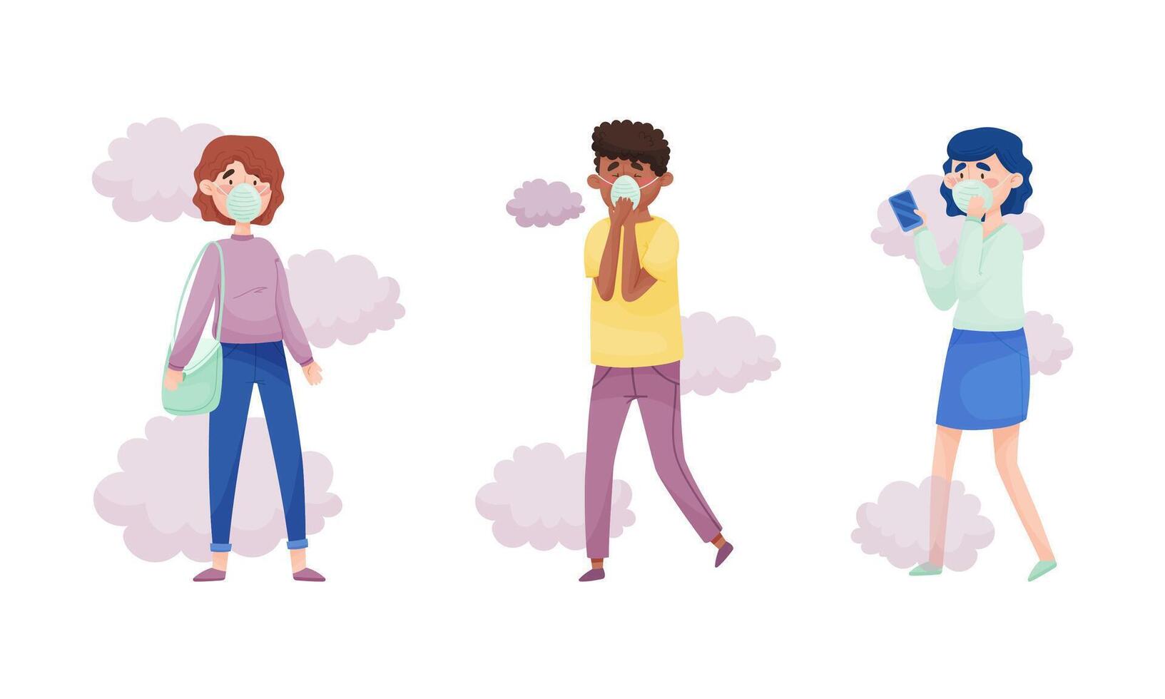 People in protective face masks set. Persons protecting themselves from smog and dusty air. Air pollution, pollutant gas emission concept illustration vector