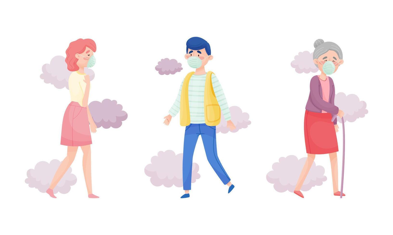 Set of people walking on street wearing protective face masks to prevent smog and contaminated air. Air pollution, pollutant gas emission concept illustration vector