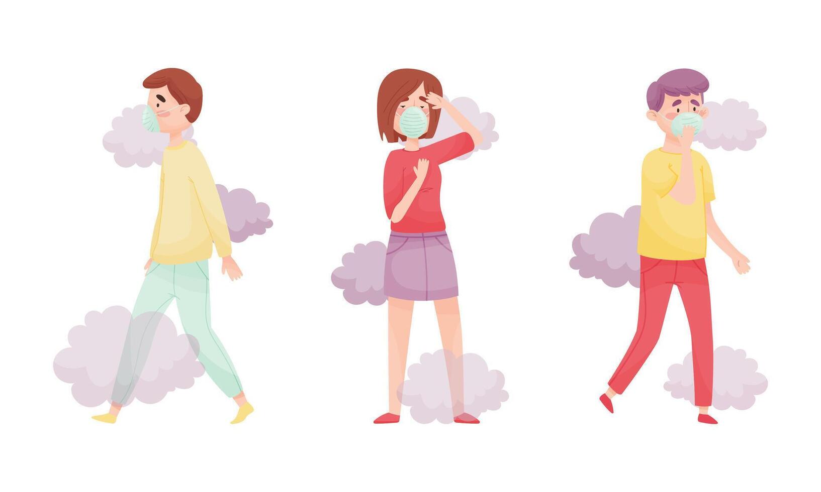 People in protective face masks set. Persons protecting themselves from contaminated air. Air pollution concept illustration vector