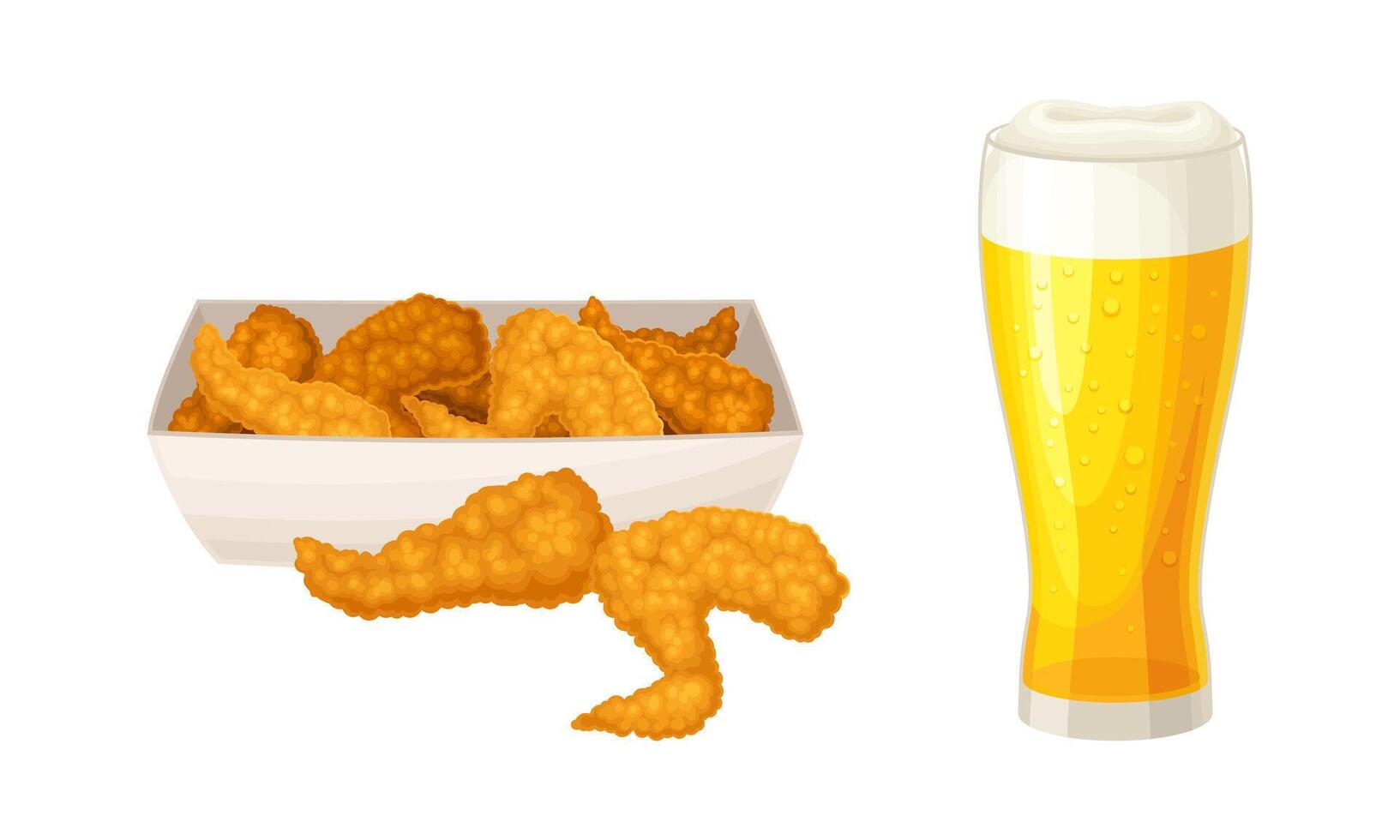 Glass of foam light beer and fried chicken wings illustration vector