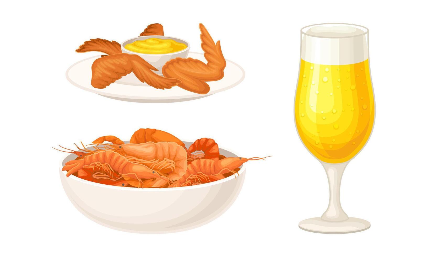 Glass of foam light beer with shrimps and fried chicken wings illustration vector