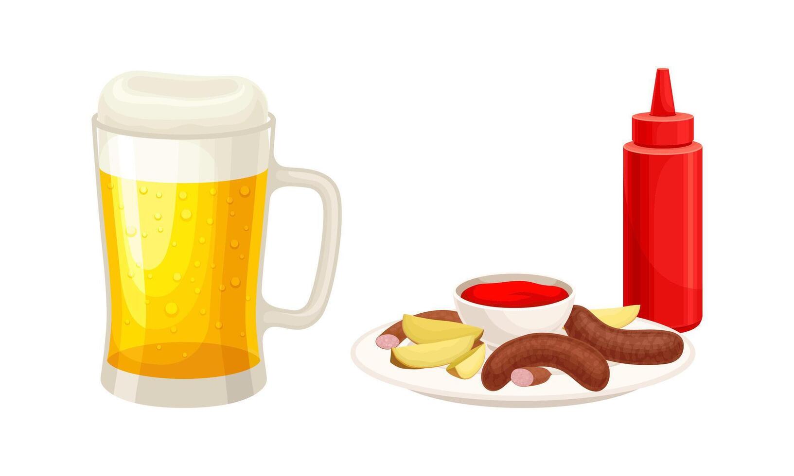 Pint mug glass of foam light beer, sausages and ketchup bottle illustration vector