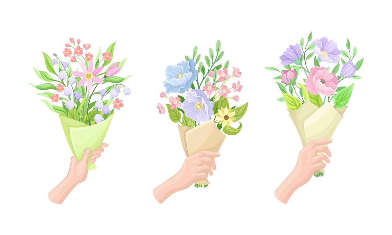 Set of hands holding bouquet of blooming wildflowers illustration vector