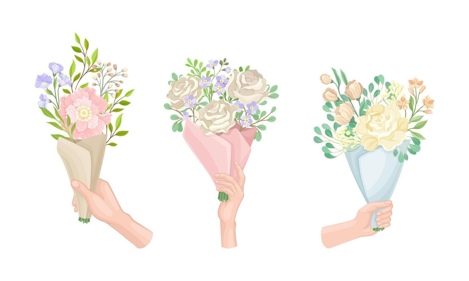Set of hands holding bouquet of beautiful blooming flowers illustration vector