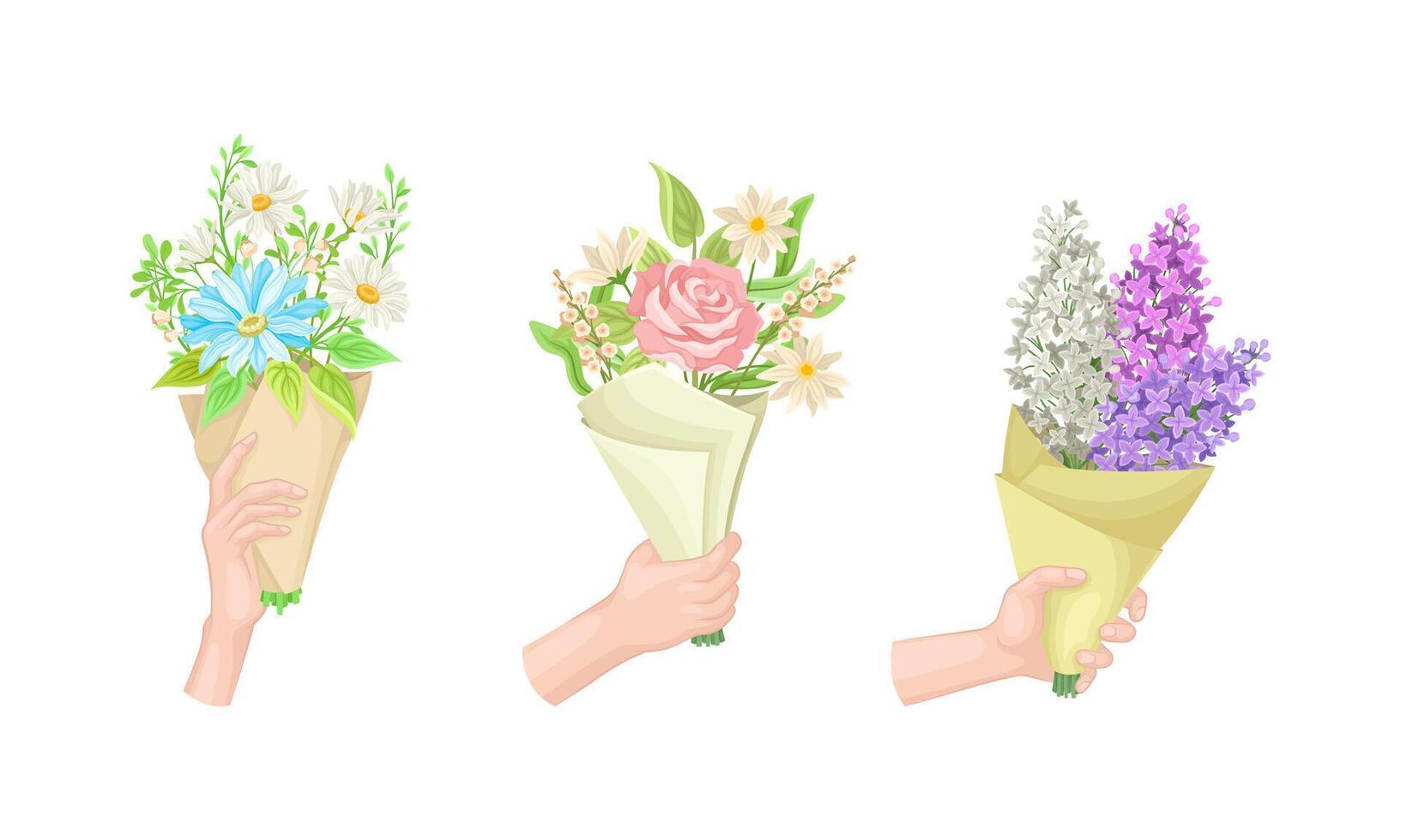 Set of hands holding bouquet of beautiful wildflowers and lilac illustration vector