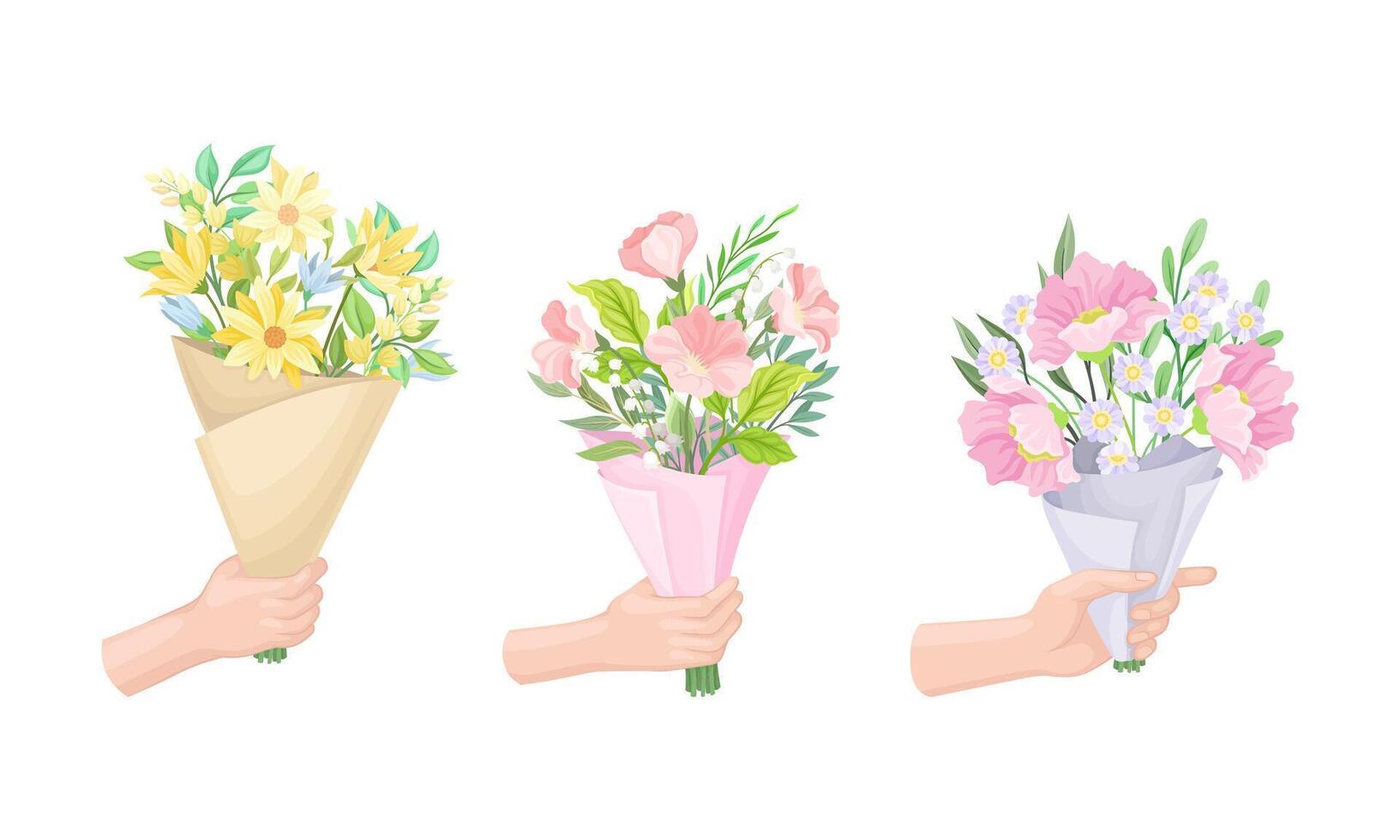 Hands holding bouquet of beautiful blooming wildflowers set illustration vector