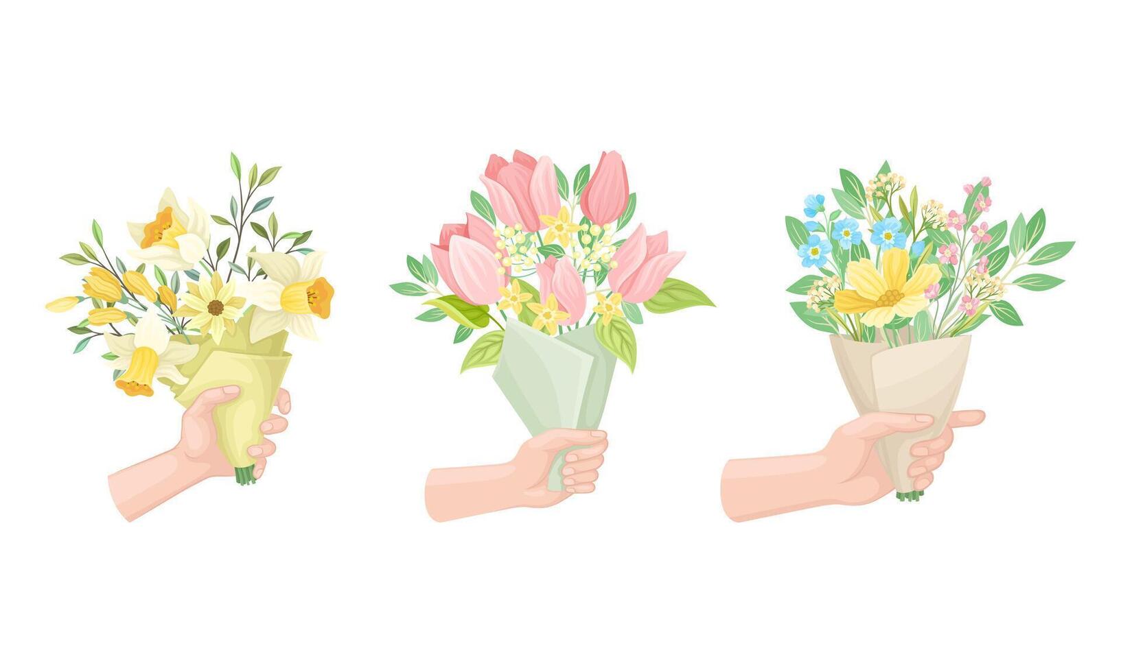 Hands holding bouquet of beautiful delicate wildflowers set illustration vector