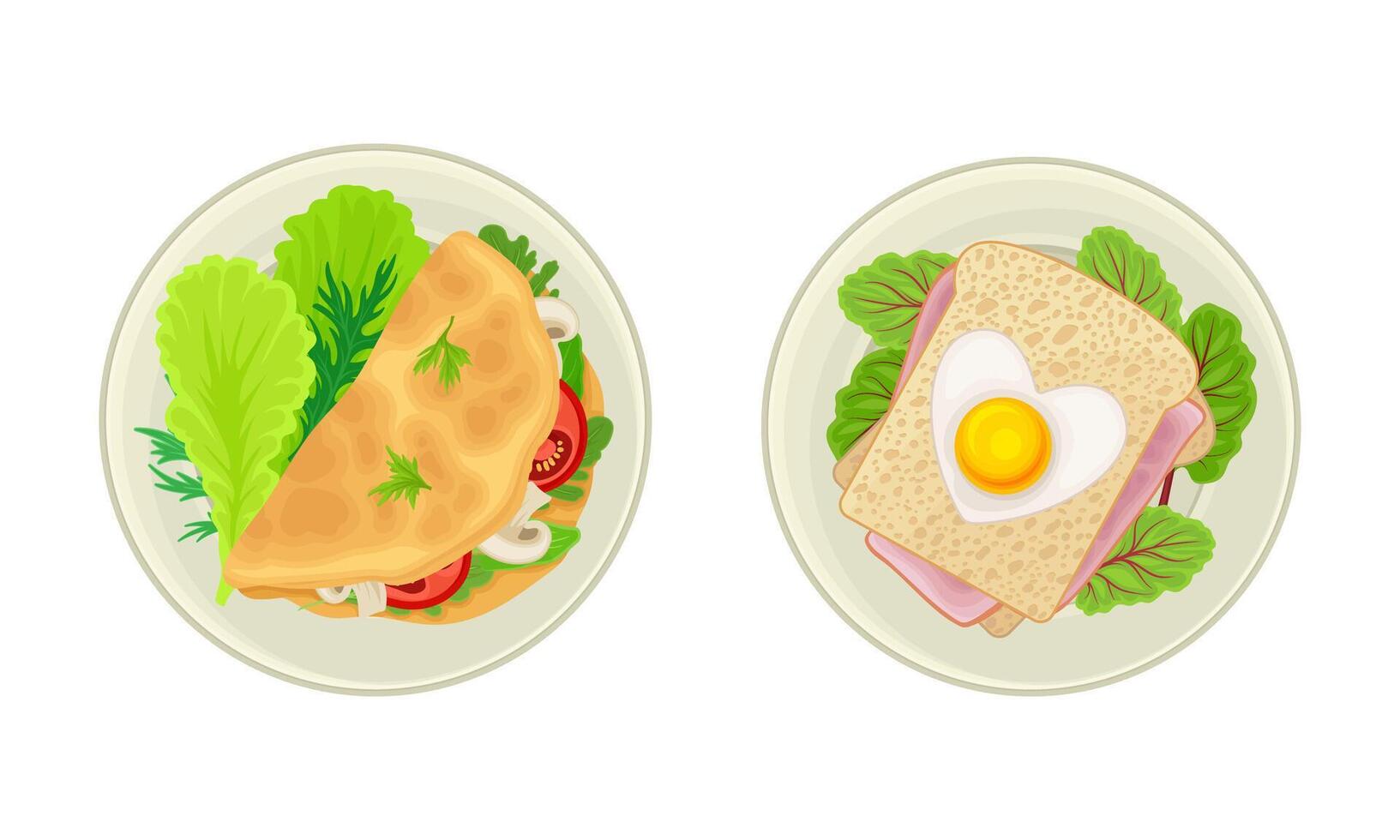 Traditional breakfast dishes set. Top view of tasty nutritious food served on plates illustration vector