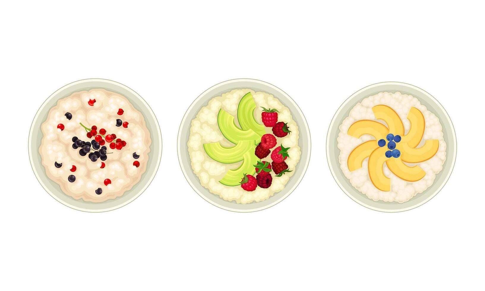Traditional breakfast dishes set. Top view of porridge with fruit, vegetables and berries served on plates illustration vector