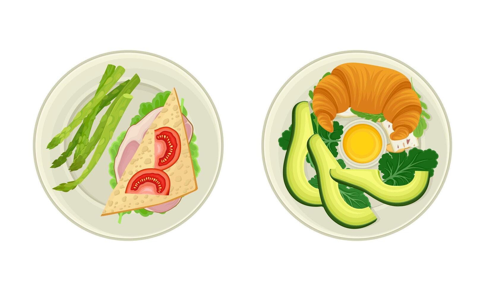 Traditional breakfast dishes set. Top view of sandwich and croissant served on plates with vegetables illustration vector