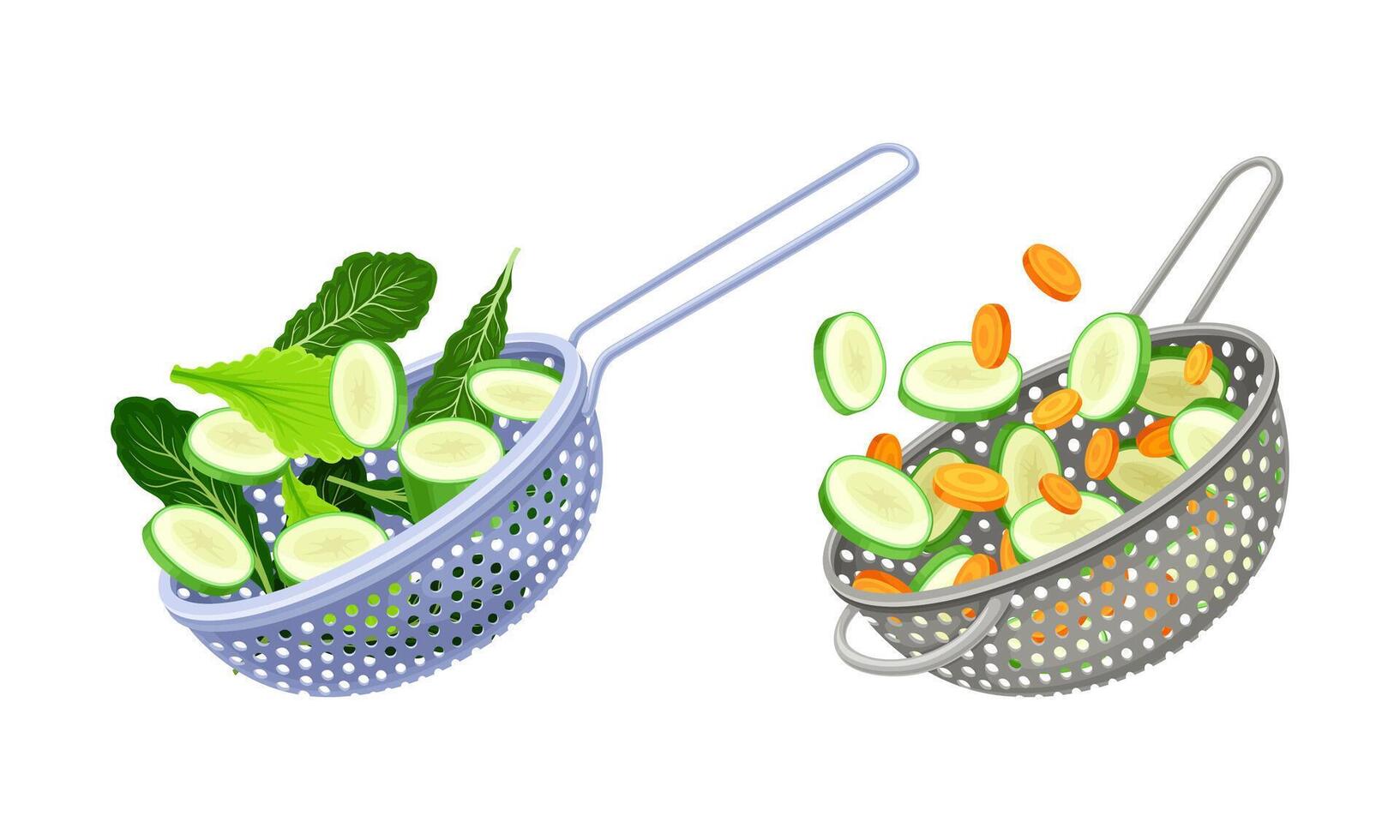 Vegetables in kitchen colander set. Strainers full of greenery, cucumber, zucchini, carrot vegetables. Healthy organic food illustration vector