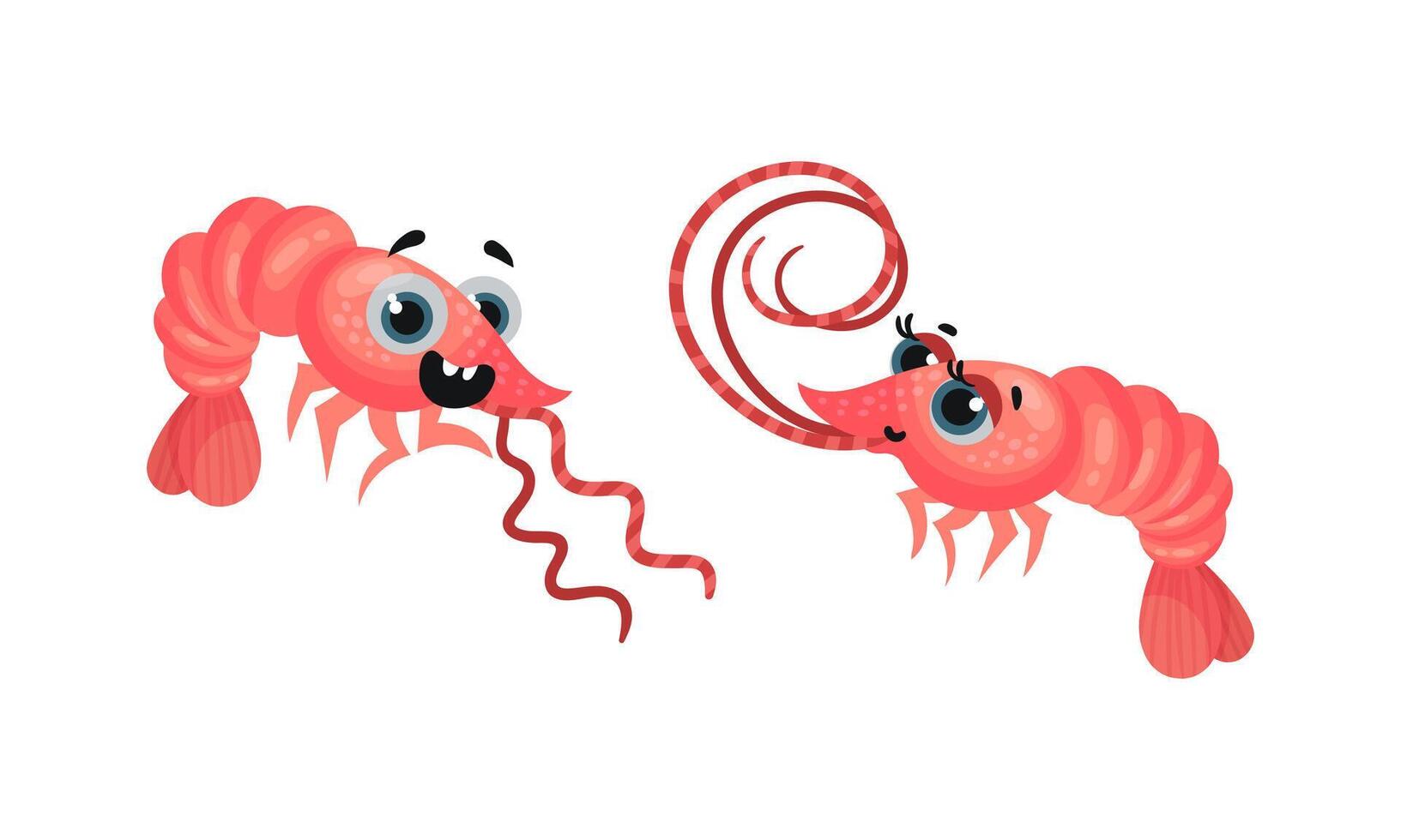 Set of cute shrimps. Prawn crustaceans creatures with funny faces illustration vector