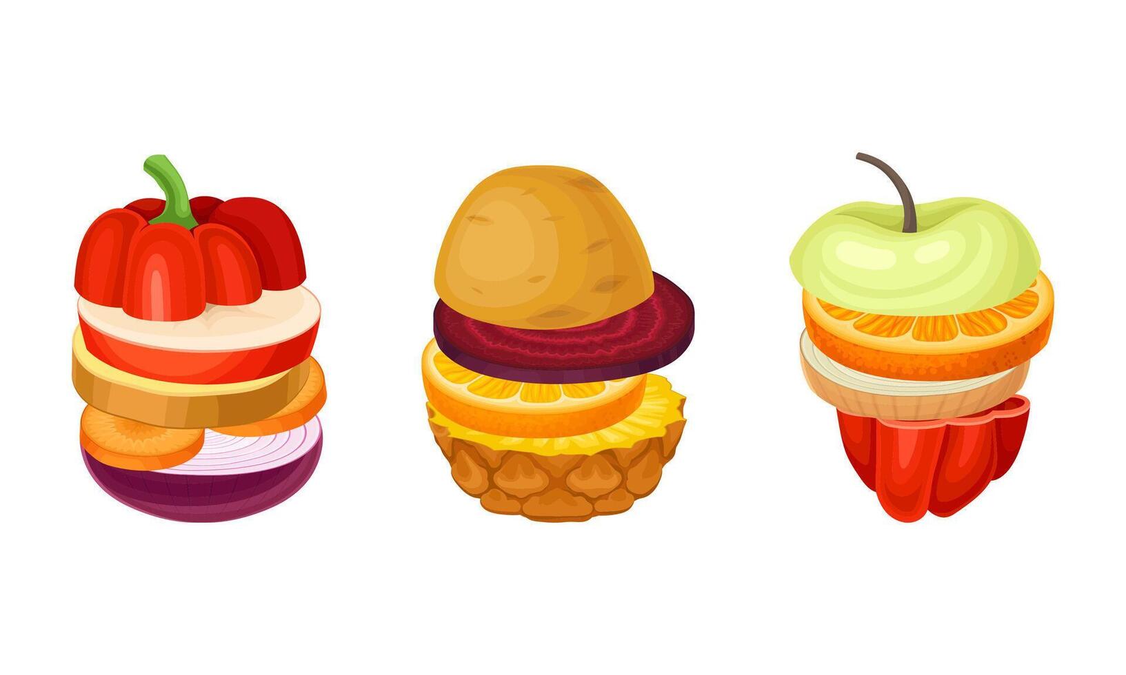 Set of sliced fruit and vegetables. Pineapple, apple, pepper, onion, orange, beetroot, potato round slices in stack illustration vector