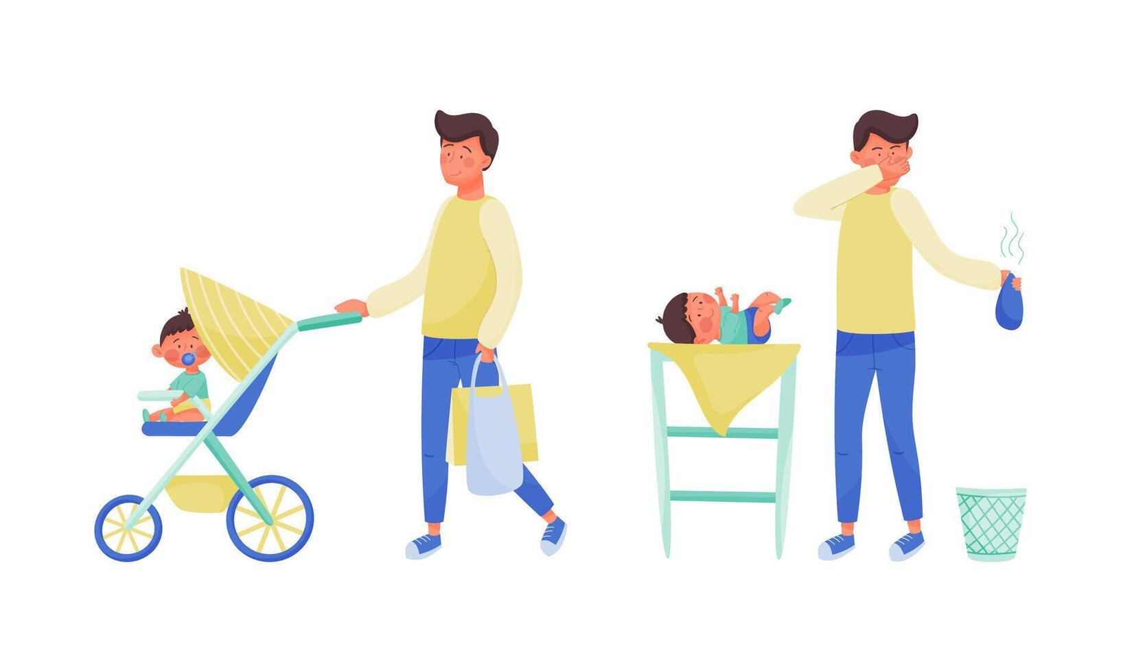 Daddy caring for his baby set. Father changing baby diaper on table and walking with stroller illustration vector
